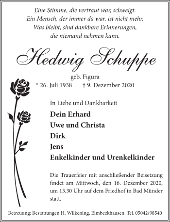 Traueranzeige von Hedwig Schuppe von Neue Deister-Zeitung