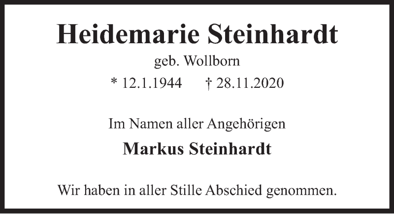  Traueranzeige für Heidemarie Steinhardt vom 02.01.2021 aus Deister- und Weserzeitung