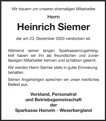 Traueranzeige von Heinrich Siemer von Deister- und Weserzeitung