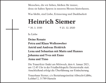 Traueranzeige von Heinrich Siemer von Deister- und Weserzeitung