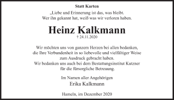 Traueranzeige von Heinz Kalkmann von Deister- und Weserzeitung