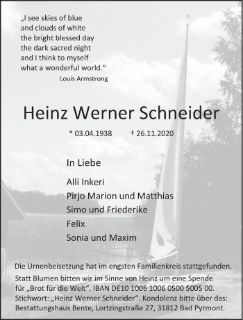 Traueranzeige von Heinz Werner Schneider von Deister- und Weserzeitung