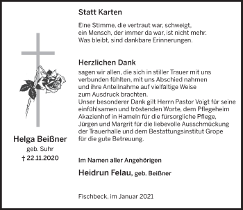 Traueranzeige von Helga Beißner von Deister- und Weserzeitung