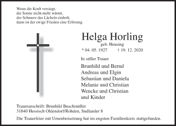 Traueranzeige von Helga Horling von Deister- und Weserzeitung