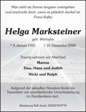 Traueranzeige von Helga Marksteiner von Neue Deister-Zeitung