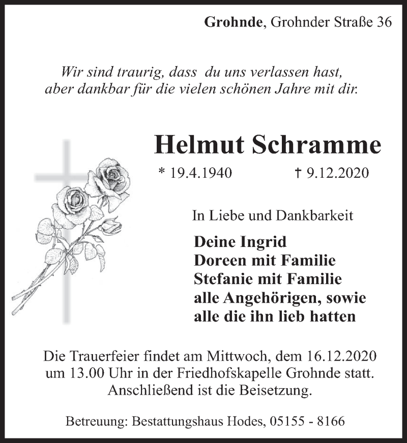  Traueranzeige für Helmut Schramme vom 12.12.2020 aus Deister- und Weserzeitung