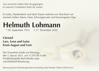 Traueranzeige von Helmuth Lohmann von Neue Deister-Zeitung