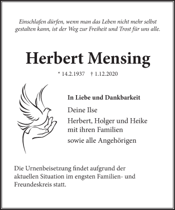 Traueranzeige von Herbert Mensing von Neue Deister-Zeitung