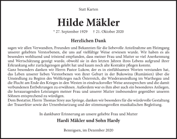 Traueranzeige von Hilde Mäkler von Neue Deister-Zeitung