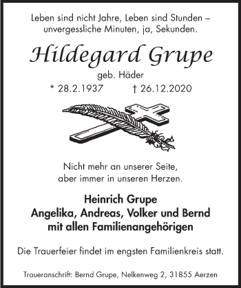 Traueranzeige von Hildegard Grupe von Deister- und Weserzeitung