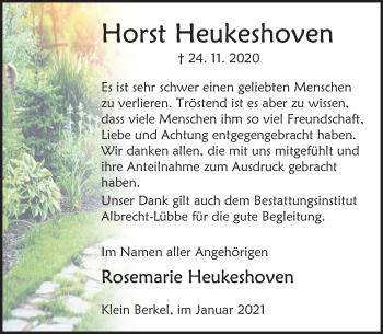 Traueranzeige von Horst Heukeshoven von Deister- und Weserzeitung