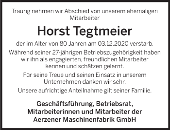 Traueranzeige von Horst Tegtmeier von Deister- und Weserzeitung
