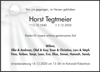 Traueranzeige von Horst Tegtmeier von Deister- und Weserzeitung