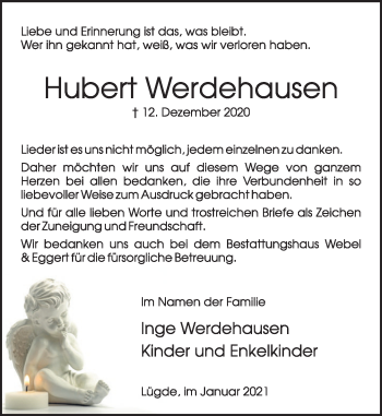 Traueranzeige von Hubert Werdehausen von Deister- und Weserzeitung