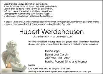 Traueranzeige von Hubert Werdehausen von Deister- und Weserzeitung