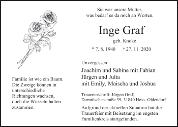 Traueranzeige von Inge Graf von Deister- und Weserzeitung