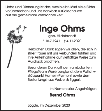 Traueranzeige von Inge Ohms von Deister- und Weserzeitung