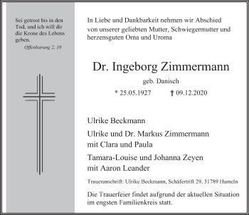 Traueranzeige von Ingeborg Zimmermann von Deister- und Weserzeitung