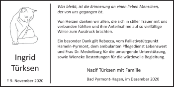 Traueranzeige von Ingrid Türksen von Deister- und Weserzeitung
