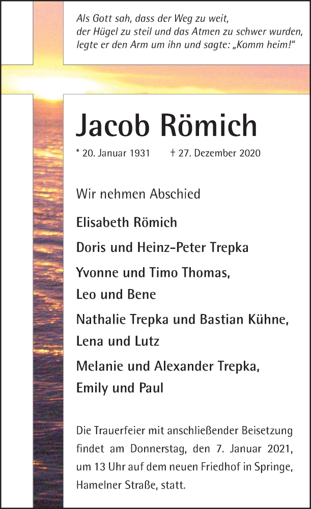 Traueranzeige für Jacob Römich vom 31.12.2020 aus Neue Deister-Zeitung