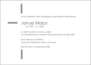 Traueranzeige von Janusz Mazur von Deister- und Weserzeitung