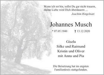 Traueranzeige von Johannes Musch von Deister- und Weserzeitung