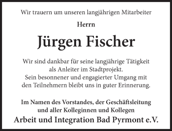 Traueranzeige von Jürgen Fischer von Deister- und Weserzeitung