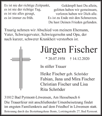 Traueranzeige von Jürgen Fischer von Deister- und Weserzeitung