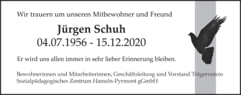 Traueranzeige von Jürgen Schuh von Deister- und Weserzeitung