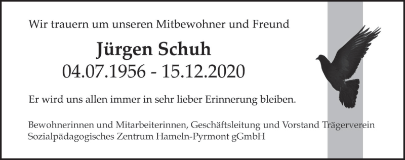  Traueranzeige für Jürgen Schuh vom 30.12.2020 aus Deister- und Weserzeitung