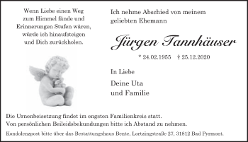 Traueranzeige von Jürgen Tannhäuser von Deister- und Weserzeitung