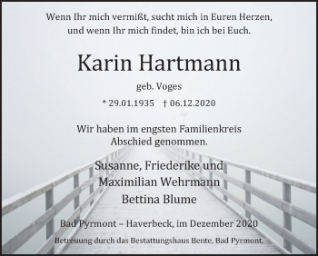 Traueranzeige von Karin Hartmann von Deister- und Weserzeitung