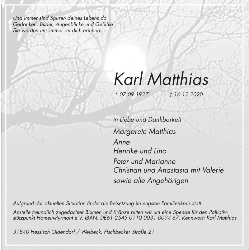  Traueranzeige für Karl Matthias vom 19.12.2020 aus Deister- und Weserzeitung