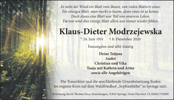 Traueranzeige von Klaus-Dieter Modrzejewska von Neue Deister-Zeitung