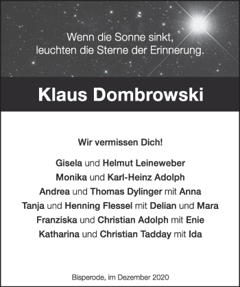 Traueranzeige von Klaus Dombrowski von Deister- und Weserzeitung