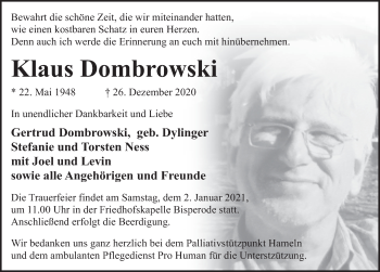 Traueranzeige von Klaus Dombrowski von Deister- und Weserzeitung