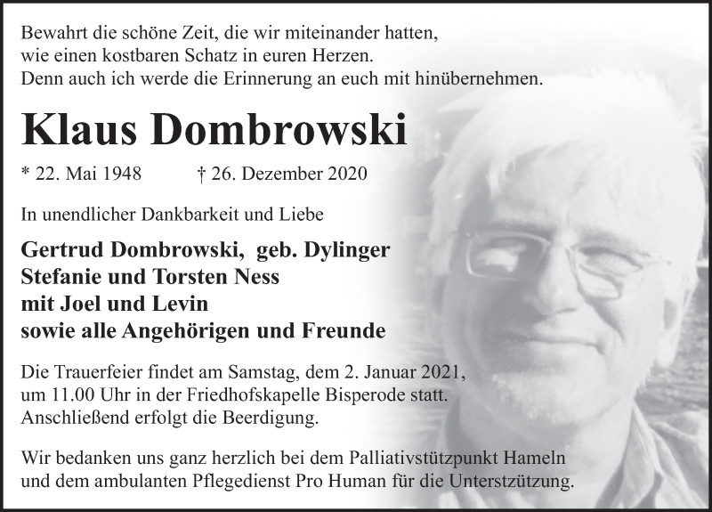 Traueranzeige für Klaus Dombrowski vom 30.12.2020 aus Deister- und Weserzeitung