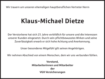 Traueranzeige von Klaus-Michael Dietze von Deister- und Weserzeitung