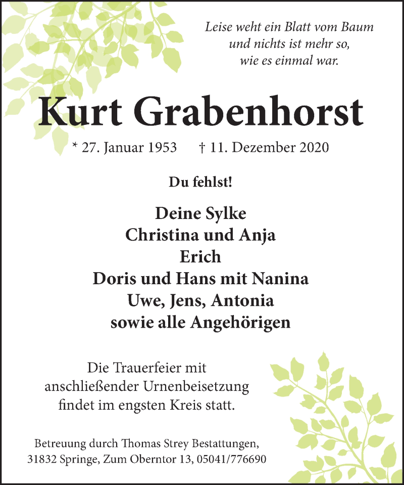  Traueranzeige für Kurt Grabenhorst vom 19.12.2020 aus Neue Deister-Zeitung