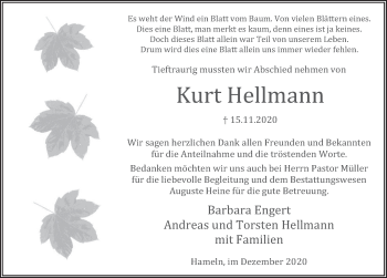 Traueranzeige von Kurt Hellmann von Neue Deister-Zeitung
