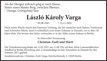 Traueranzeige von Laszlo Karoly Varga von Deister- und Weserzeitung