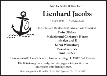 Traueranzeige von Lienhard Jacobs von Deister- und Weserzeitung