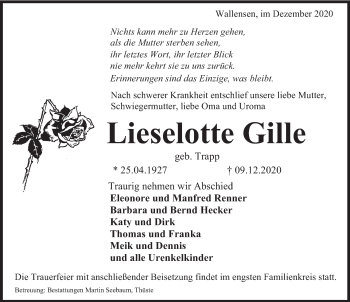 Traueranzeige von Lieselotte Gille von Deister- und Weserzeitung