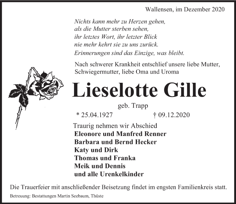  Traueranzeige für Lieselotte Gille vom 12.12.2020 aus Deister- und Weserzeitung