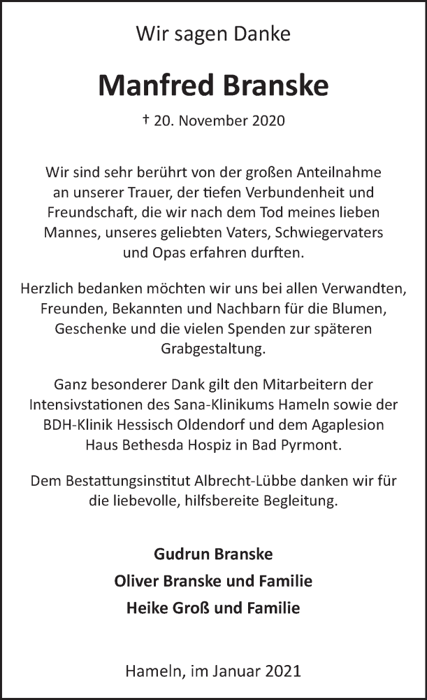  Traueranzeige für Manfred Branske vom 02.01.2021 aus Deister- und Weserzeitung
