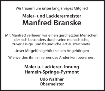 Traueranzeige von Manfred Branske von Deister- und Weserzeitung