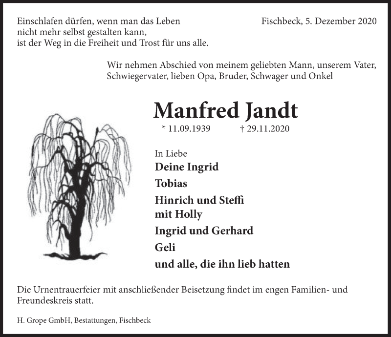  Traueranzeige für Manfred Jandt vom 05.12.2020 aus Deister- und Weserzeitung
