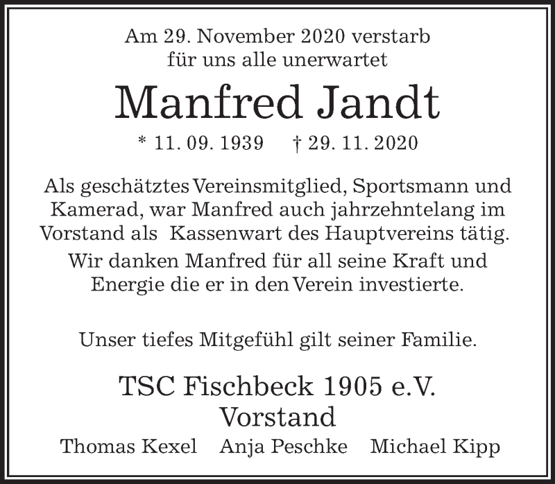  Traueranzeige für Manfred Jandt vom 12.12.2020 aus Deister- und Weserzeitung