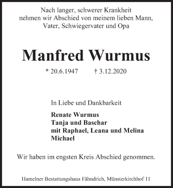 Traueranzeige von Manfred Wurmus von Deister- und Weserzeitung