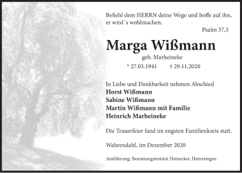 Traueranzeige von Marga Wißmann von Deister- und Weserzeitung